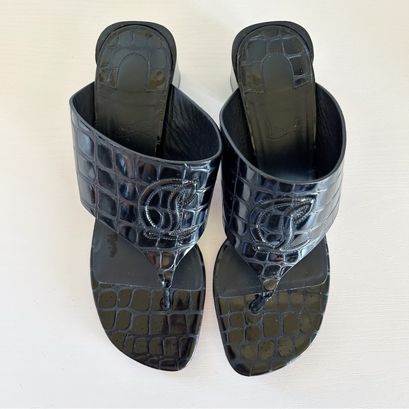 Christian Louboutin Tongamule Black Croc Embossed CL Logo Block Heels Size EU 39 - Picture 5 of 13